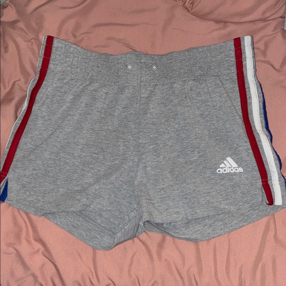 Adidas Women's Gray Shorts with Red and Blue Stripes